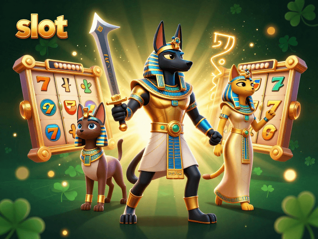 Spin slot reels with Anubis and Bastet in a rich 3D scene filled with glimmering jackpot treasures.