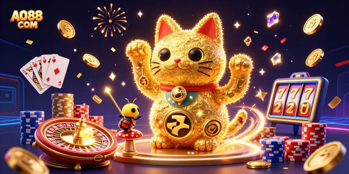 Experience excitement with AO88 COM as golden fireflies shape a lucky cat in this vibrant casino scene.