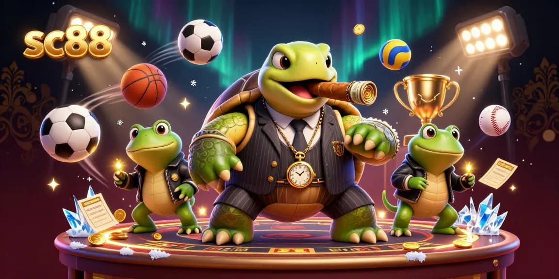 Engage with sc88 at a lively casino scene featuring a snapping turtle and bullfrog enforcers.