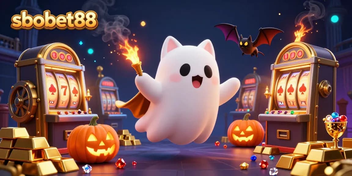 Engage with sbobet88's vibrant haunted casino scene featuring a ghost cat and golden treasures.