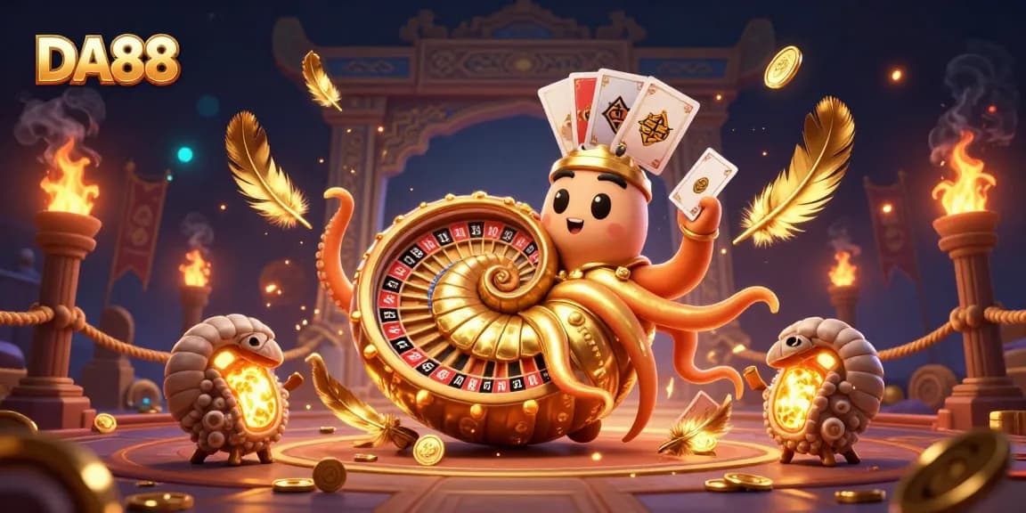 Engage with DA88's vibrant casino scene featuring a giant nautilus roulette and glowing companions.