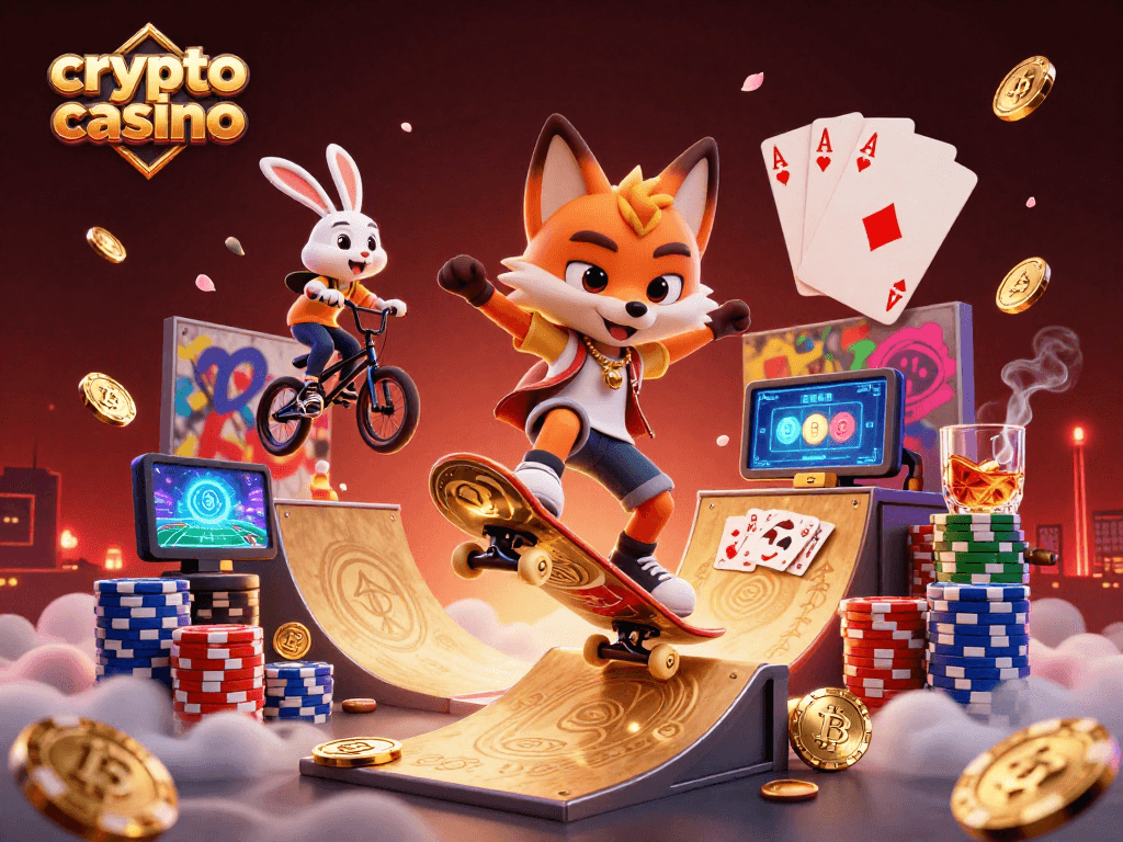 Engage in the vibrant atmosphere of a crypto casino with animated characters showcasing their skills amidst dynamic gaming elements.