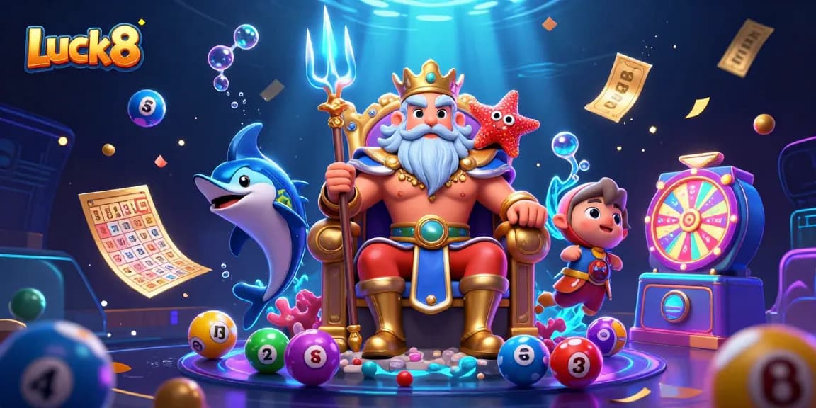 Luck8 players celebrate wins with vibrant lottery elements and a magical sea king scene.