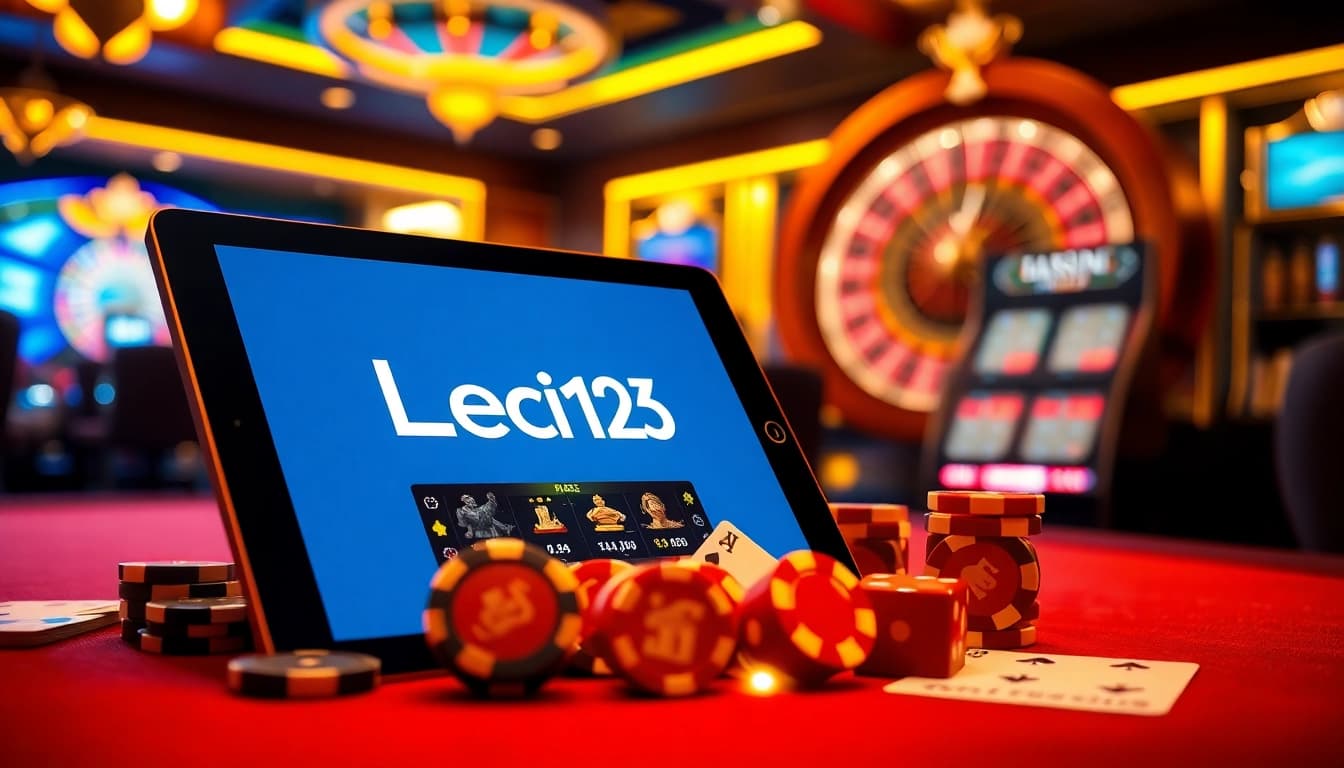 Leci123 app interface prominently displayed in a vibrant casino scene with poker chips and cards.
