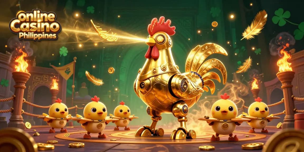 Engage with the dynamic world of online casino Philippines featuring a golden rooster robot and vibrant gaming elements.