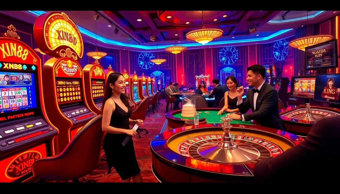 XIN88 online casino interface featuring players enjoying vibrant slot machines and poker tables.