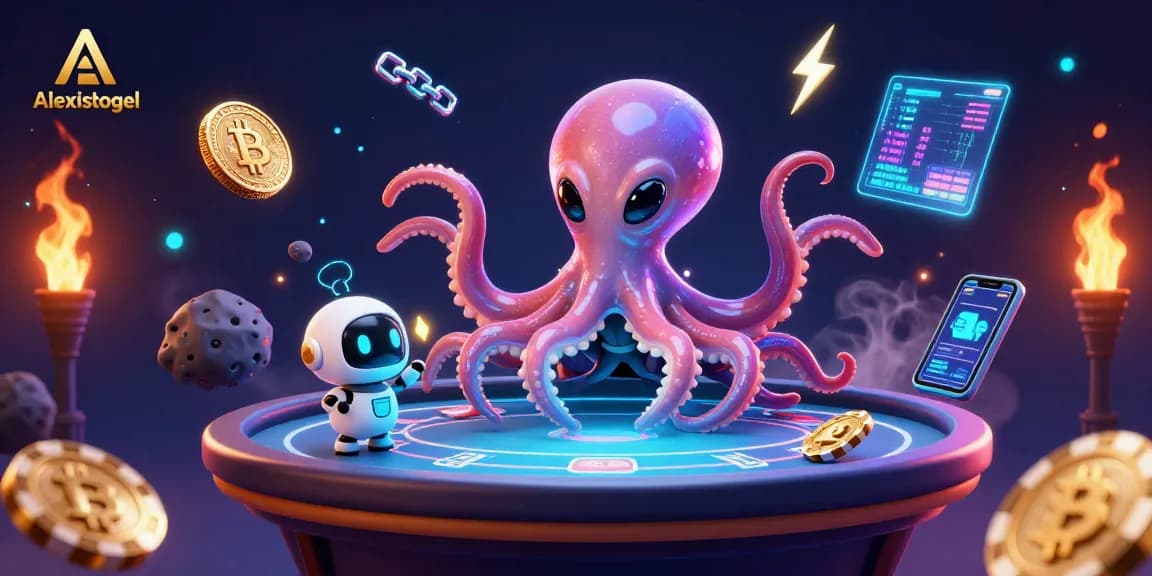 Mengoptimalkan strategi bermain poker di Alexistogel dengan ilustrasi alien dan robot menarik.