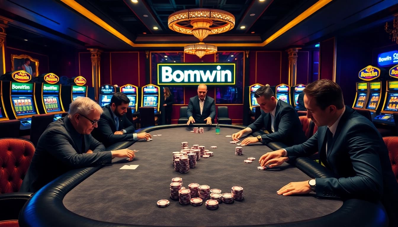 Engaged players at a Bomwin-themed poker table showcase high-stakes excitement in a luxurious casino.