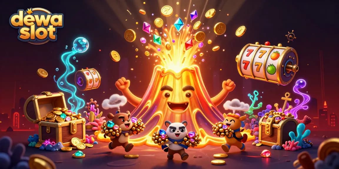 Dewa slot showcases a vibrant scene with a golden volcano erupting coins and gems, symbolizing casino excitement.