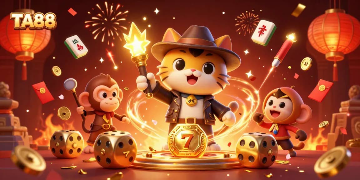 TA88 slot game adventure with cartoon characters exploring a treasure-filled casino temple.