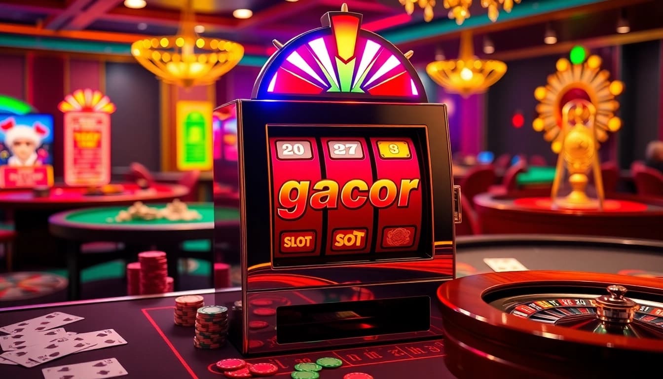 Engaging scene of a slot gacor machine surrounded by vibrant casino elements.