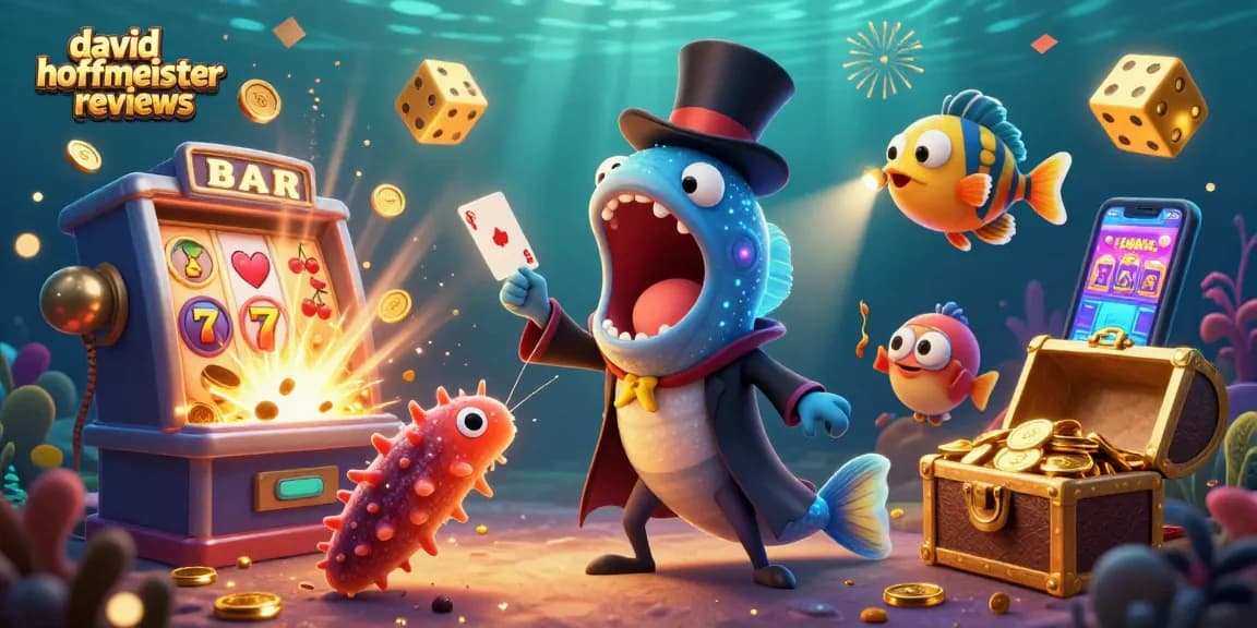 David Hoffmeister reviews showcased in a vibrant 3D casino scene filled with slot machines.