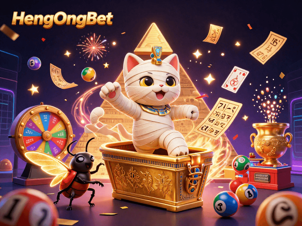 Engage with HengOngBet as the Egyptian mummy cat bursts forth alongside lottery elements in a vibrant scene.