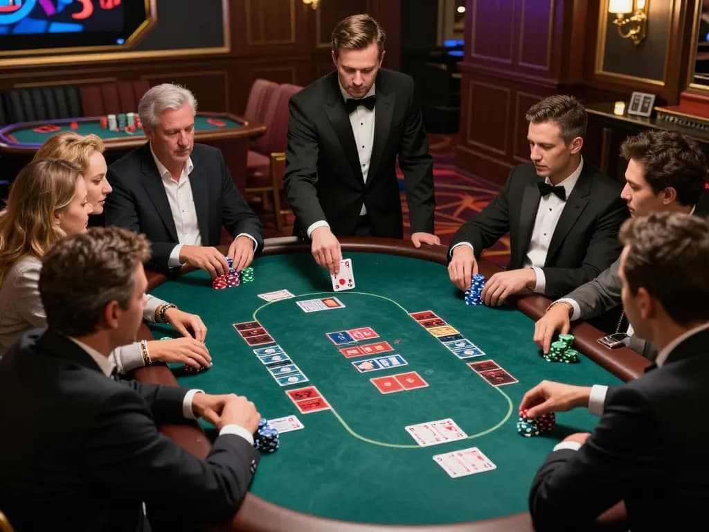 Players strategizing during an intense poker game at rikvip's virtual casino, showcasing luxury and excitement.