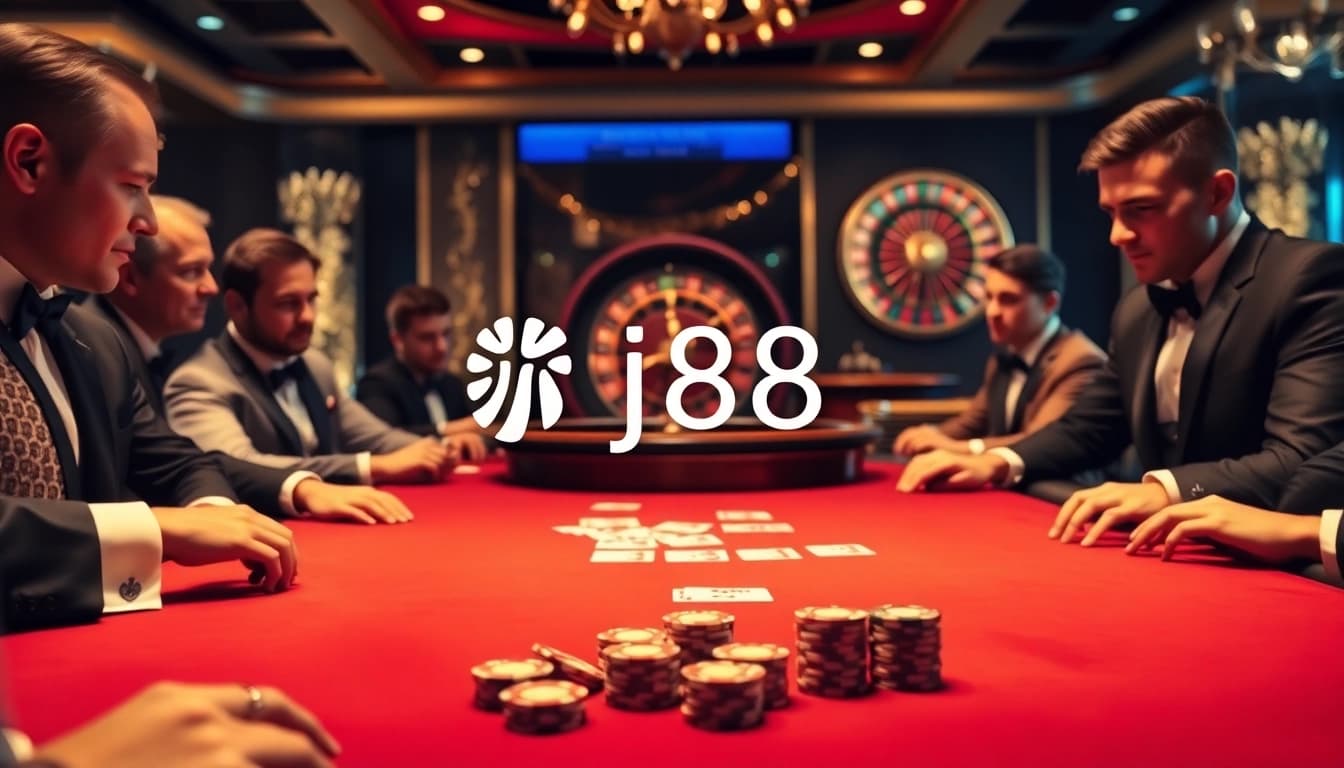 Players strategizing over a high-stakes poker game at j88 casino, immersed in excitement.