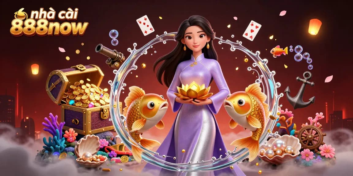 Engage with nhà cái 888now through this vibrant casino scene featuring an elegant Asian woman and dynamic game elements.