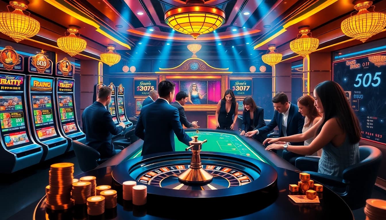 Experience the thrill of gambling on trang chủ rr88 with a vibrant casino scene featuring slot machines and poker action.