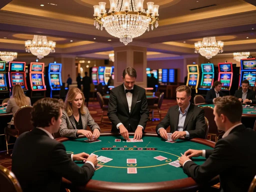 KJC players strategically engage in poker at a luxurious casino table, showcasing vibrant gameplay amid an upscale atmosphere.