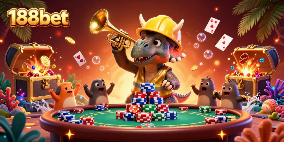 Engage with 188bet's vibrant casino atmosphere filled with exciting poker scenes and colorful celebrations.