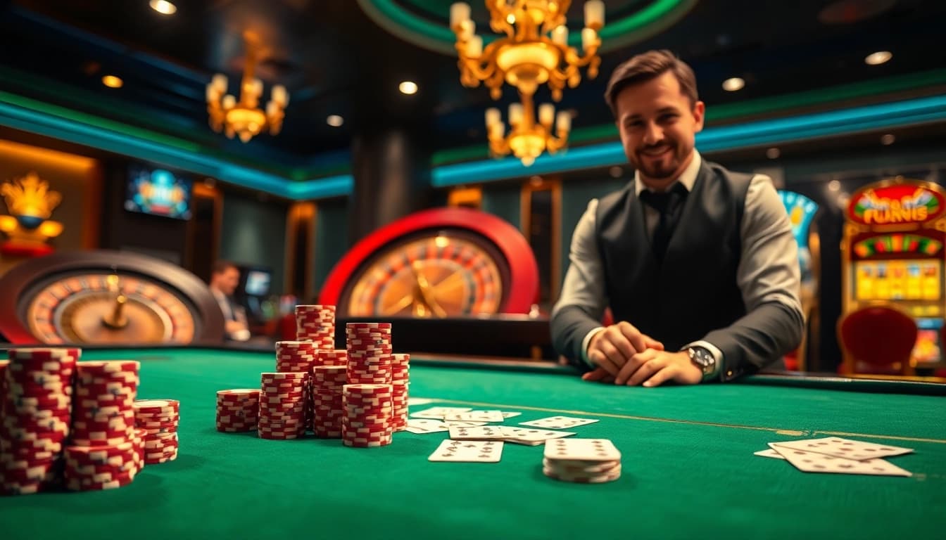 Experience thrilling gameplay with super59 link alternatif in a luxurious casino setting featuring casino tables and vibrant poker chips.