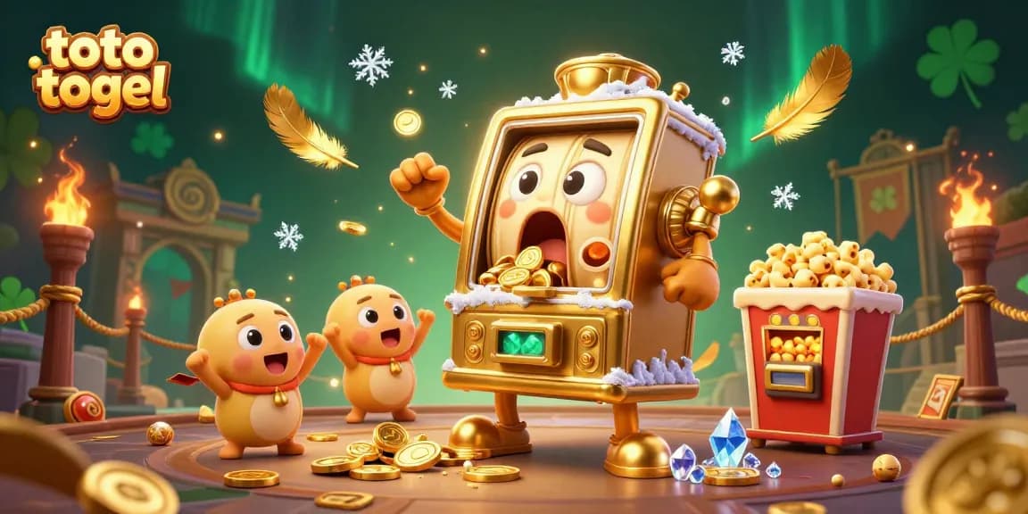 Watch the 3D cartoon slot machine win big in this lively toto togel illustration filled with excitement and winnings.