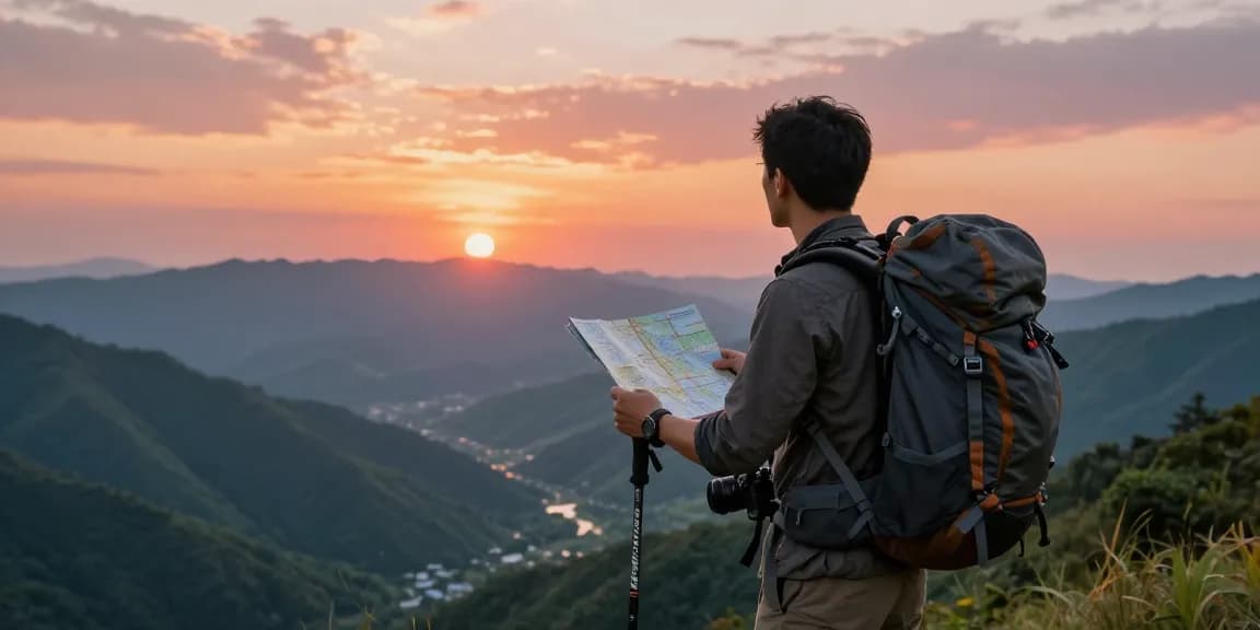 Backpacker at mountain viewpoint during sunset with scenic view and trekking gear, capturing adventure moments of AA88.