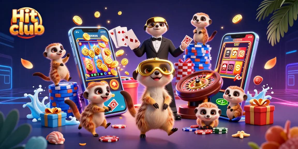 Engage with Hit club's exciting casino games featuring dynamic meerkats in a vibrant 3D setting.