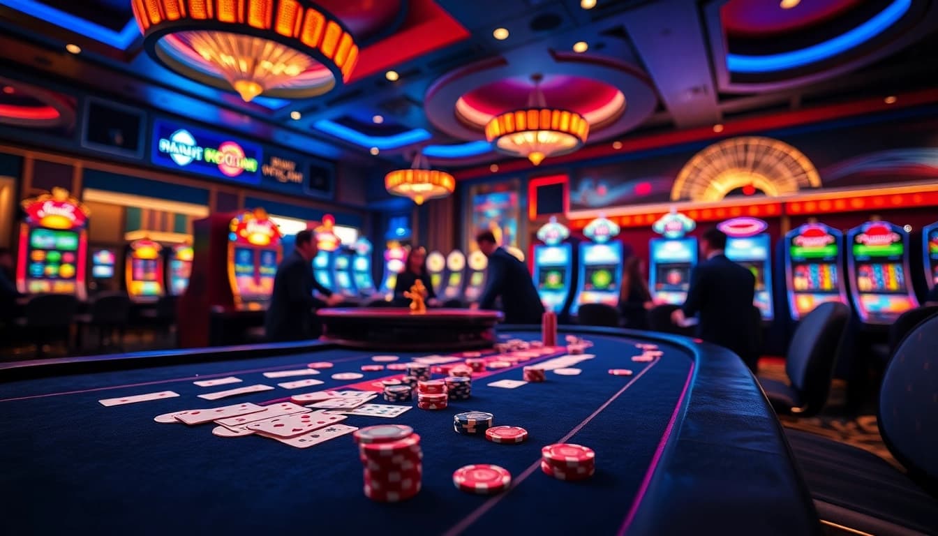 k88win players engaging in thrilling gameplay at a vibrant casino table with colorful cards and chips.