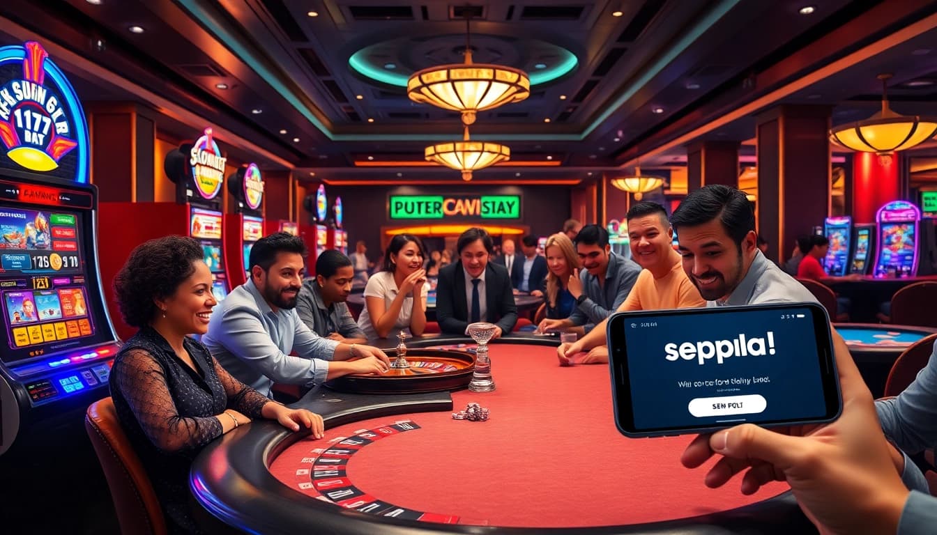 Engaged gamblers enjoying slot games with the sepuhplay link displayed on mobile devices in a luxurious casino setting.