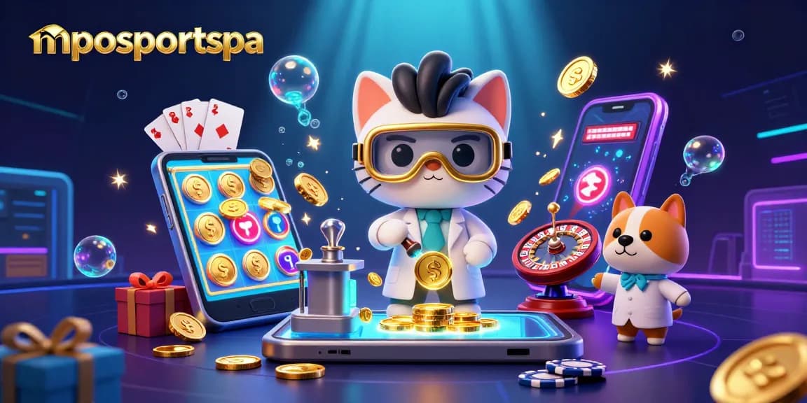 Keterlibatan dalam permainan yang mendebarkan di mposportspa dengan adegan kasino 3D yang kreatif menunjukkan permainan slot, koin, dan kartu.