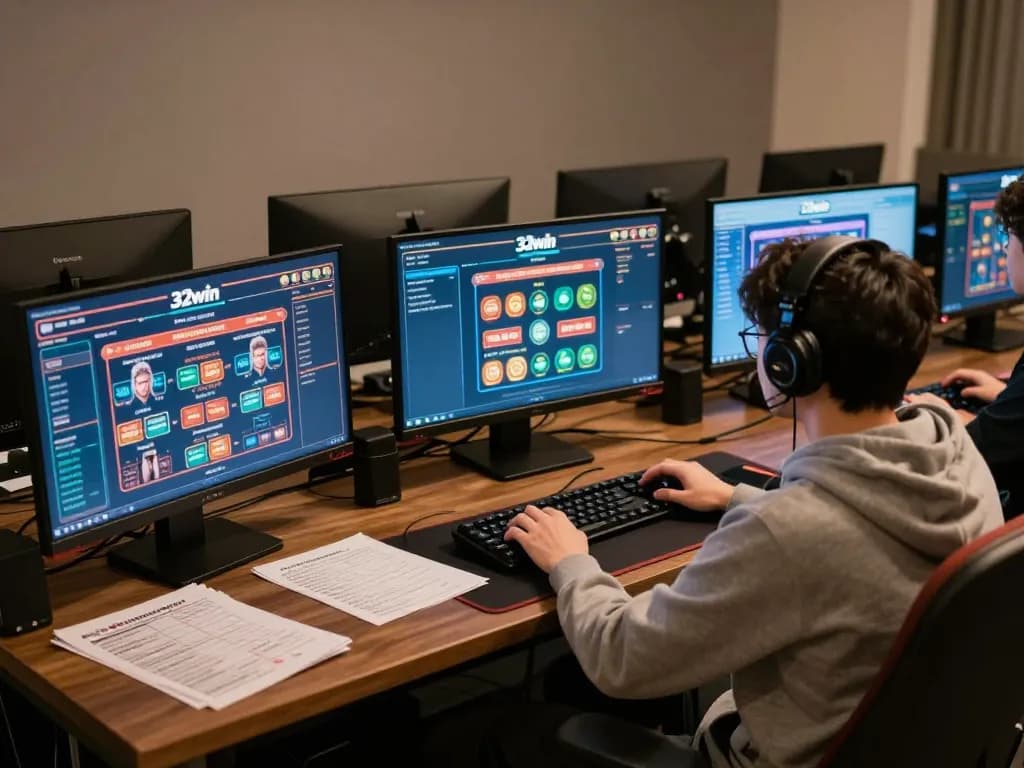 Gamer strategizing on 32win online casino platform with multiple screens and notes