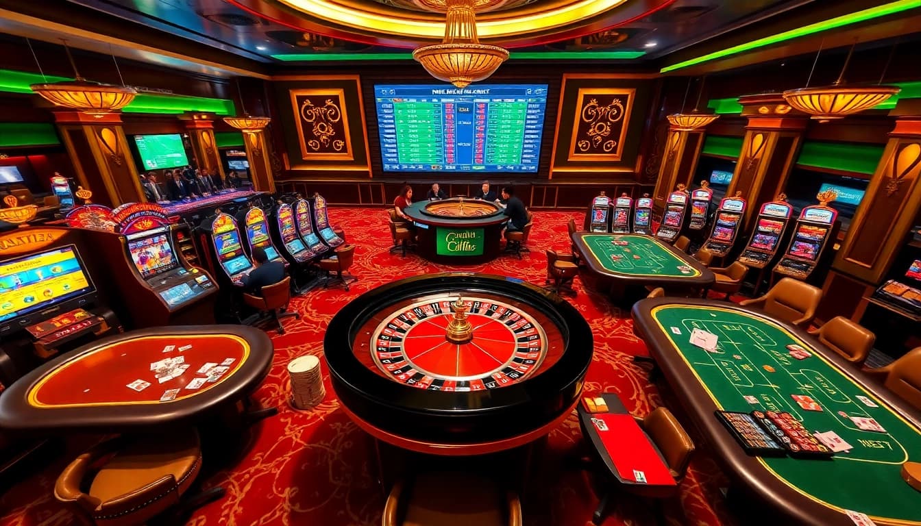 Engaging gambling scene at nhà cái rikbet with roulette and slot machines in a luxurious casino.