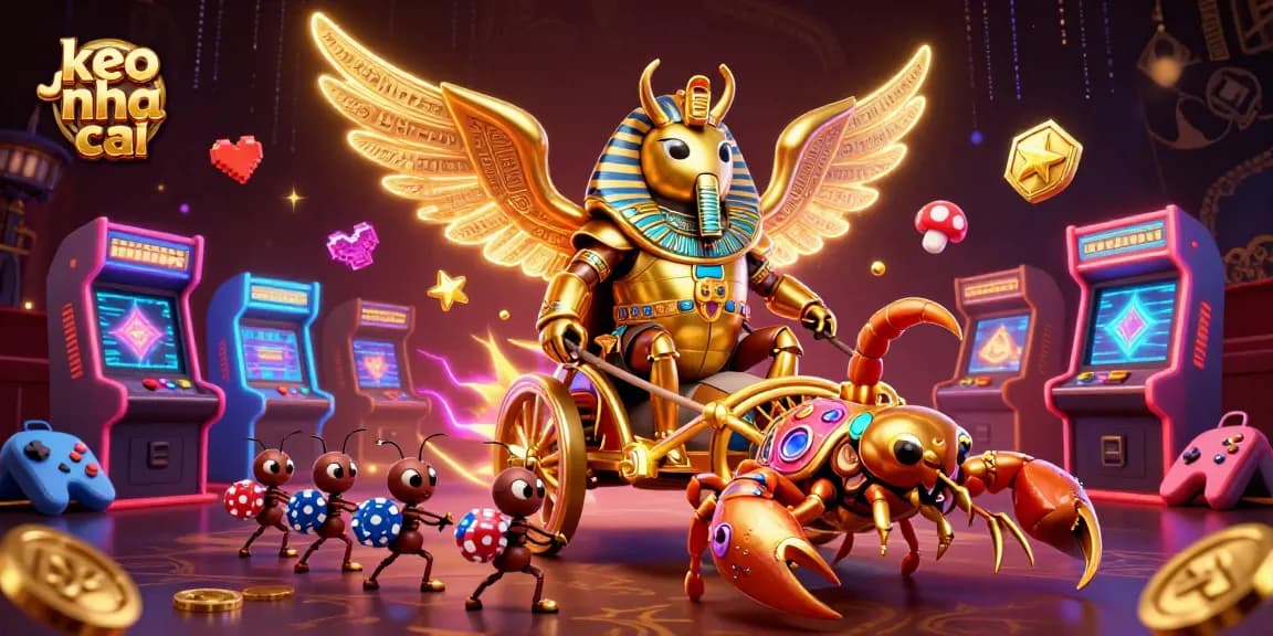 Engage with keo nha cai featuring a golden scarab beetle in a rich casino atmosphere of color and excitement.