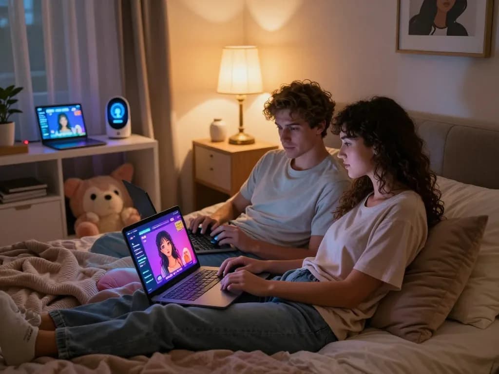 Couple in cozy bedroom engaging in ai sex chat with laptops, showcasing intimate interaction.