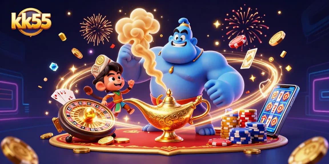 Win big with kk55 as a powerful genie bursts from a lamp alongside festive casino fun!