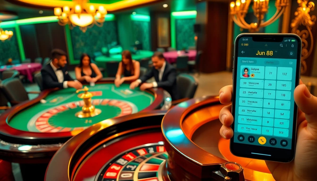 Players enjoying a high-stakes poker game at a luxurious Jun 88 casino table.