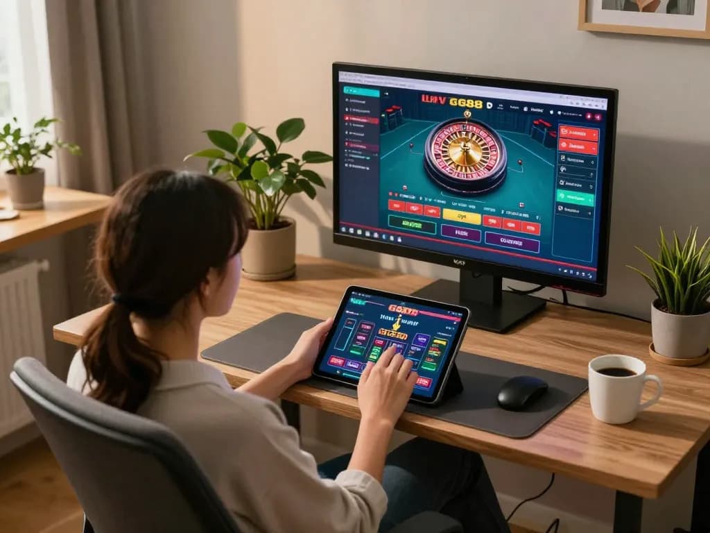 Engaging with the GG88 link on a tablet for an online roulette game, highlighting responsible gaming