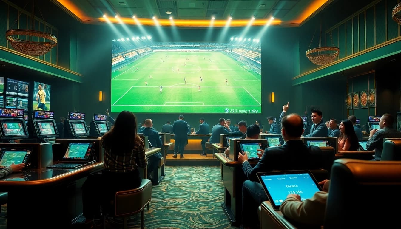 Engaging in แทงบอลโลก at a luxurious sports betting lounge with live matches on display.