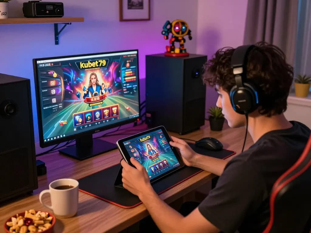 Engaged player enjoying kubet79 games on tablet in cozy home setting