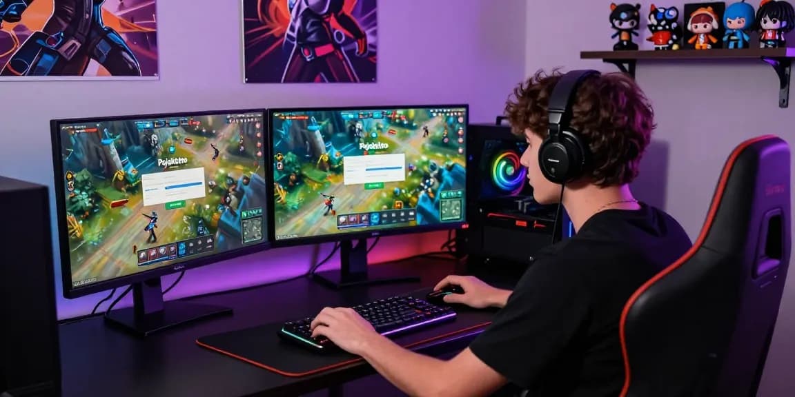Pajaktoto login scene depicts a focused gamer in a modern setup with dual screens, RGB peripherals, and dynamic lighting.