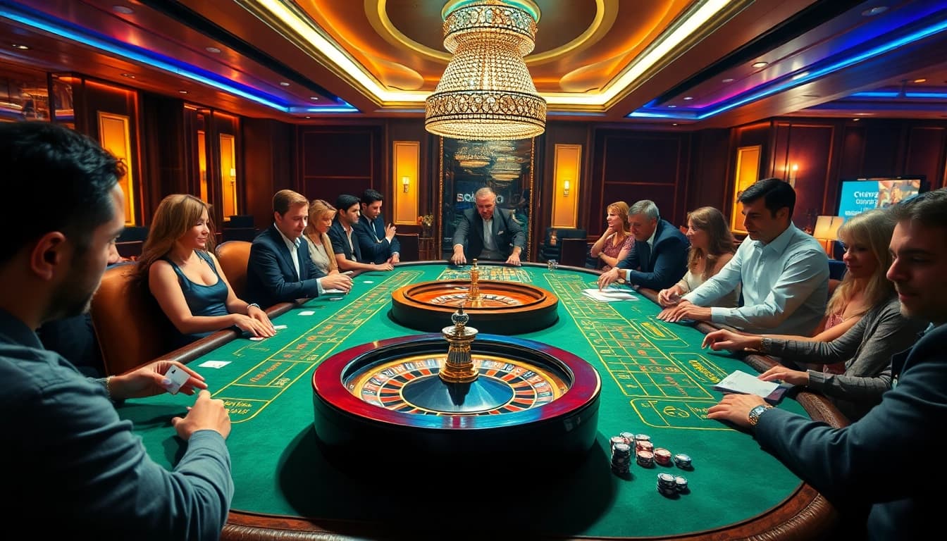 Experience the excitement at SODO CASINO with players buzzing around a lively gaming table.