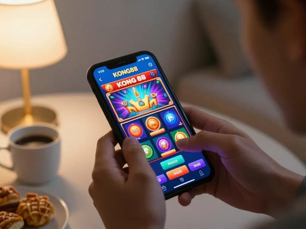 KONG88 player spinning reels on smartphone in cozy home setting with snacks and drinks