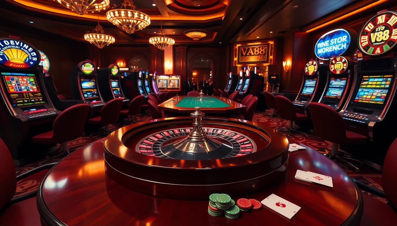 Experience the thrill of winning at VA88 in a vibrant casino atmosphere filled with poker chips and roulette.