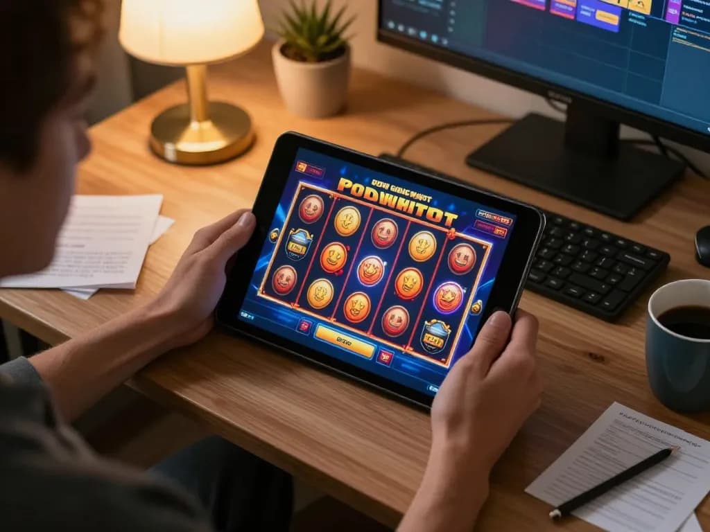 Engaged player enjoying non Gamstop casinos on a tablet, showcasing vibrant game graphics and home workspace.