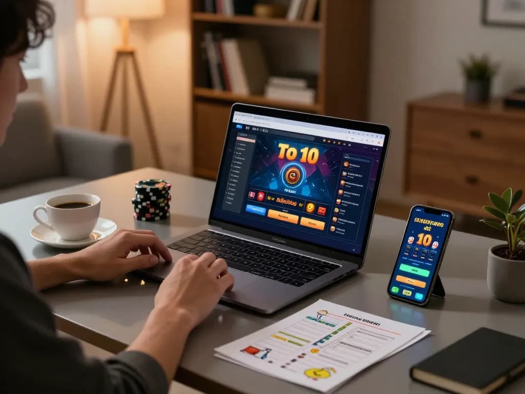 Engaging in online gambling with Top 10 nhà cái uy tín displayed on screen in a stylish home setup.