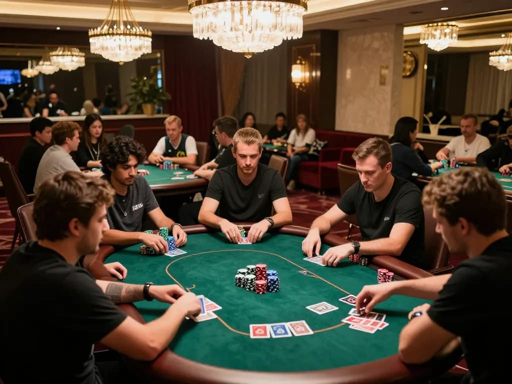 Jun88 players engaging intensely in high-stakes poker, showcasing a thrilling casino atmosphere.