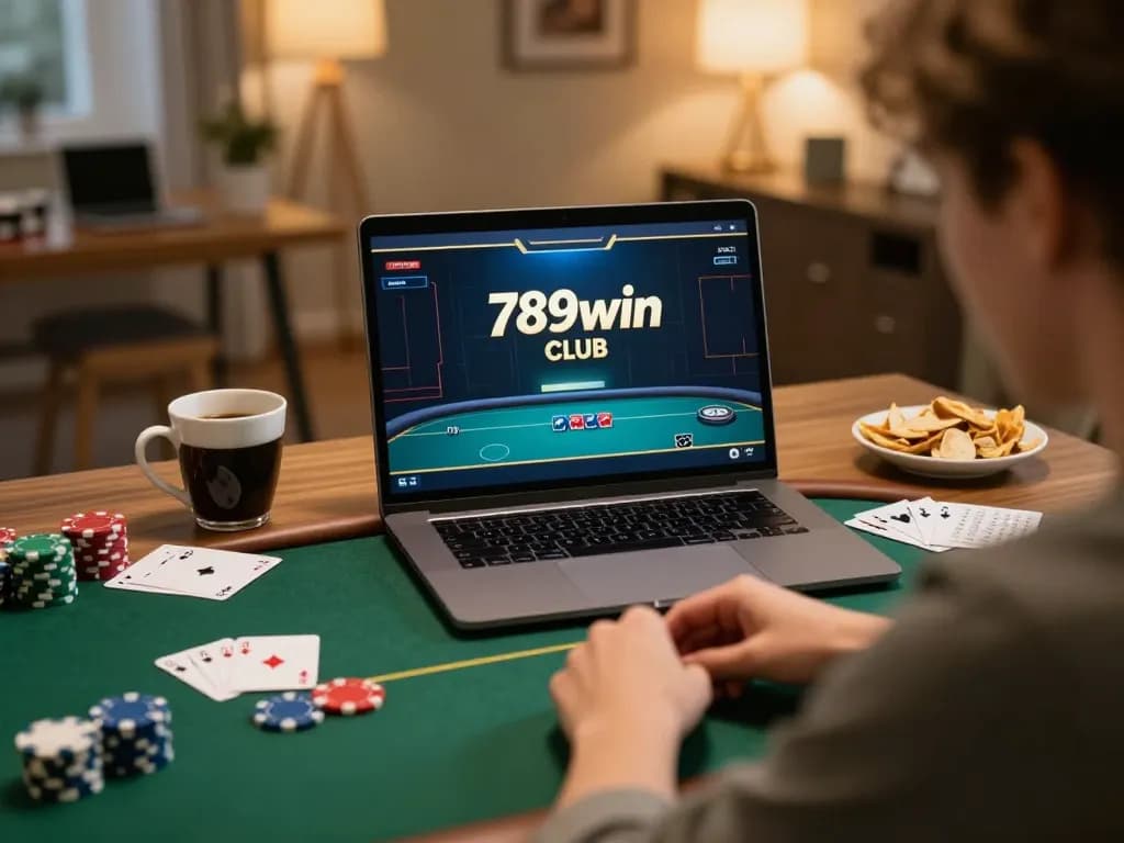 Engaged player strategizing in an online poker session at 789win club, showcasing cozy gaming atmosphere.
