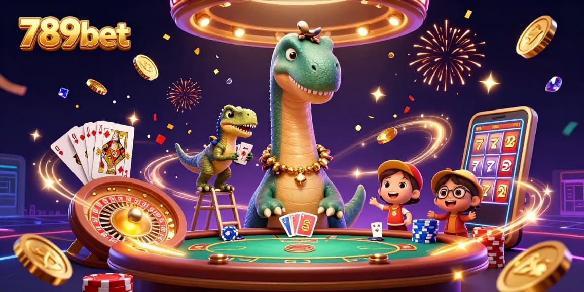 Engage with 789bet in a vibrant casino world featuring a tall brontosaurus and dynamic gaming elements.