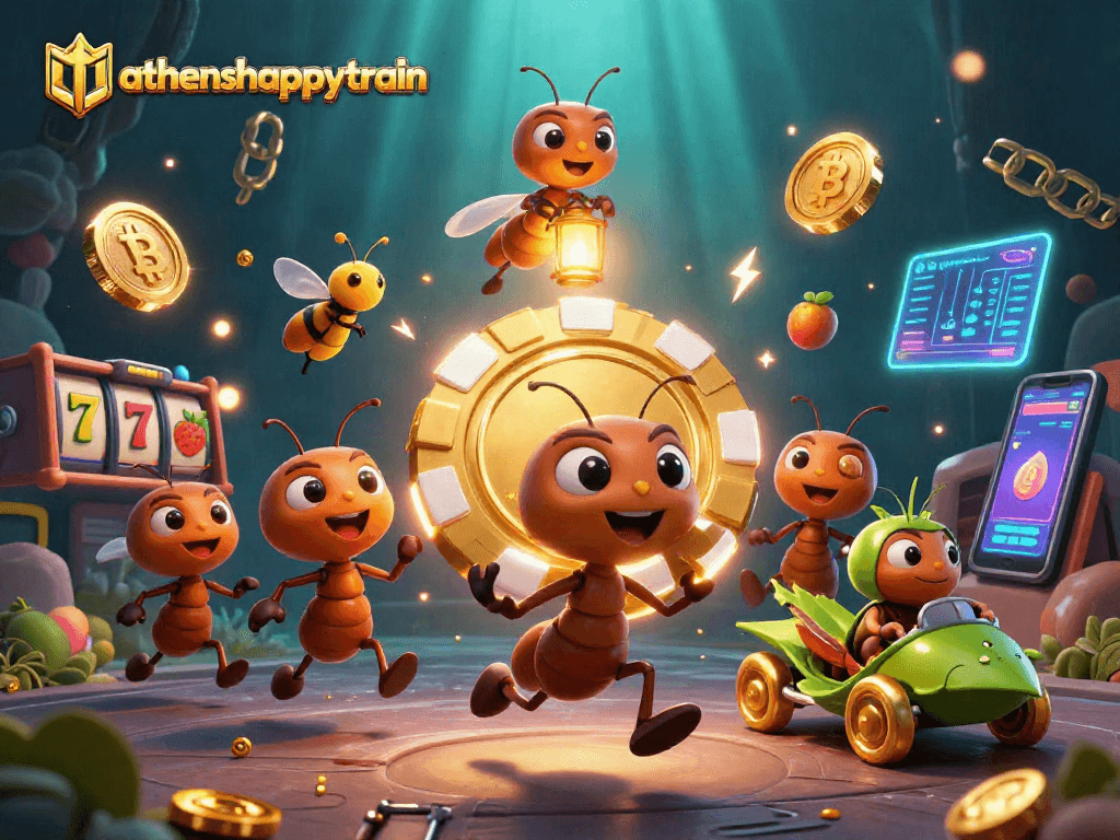 Experience the thrilling chase of the athenshappytrain heist with ants, crypto coins, and casino elements.