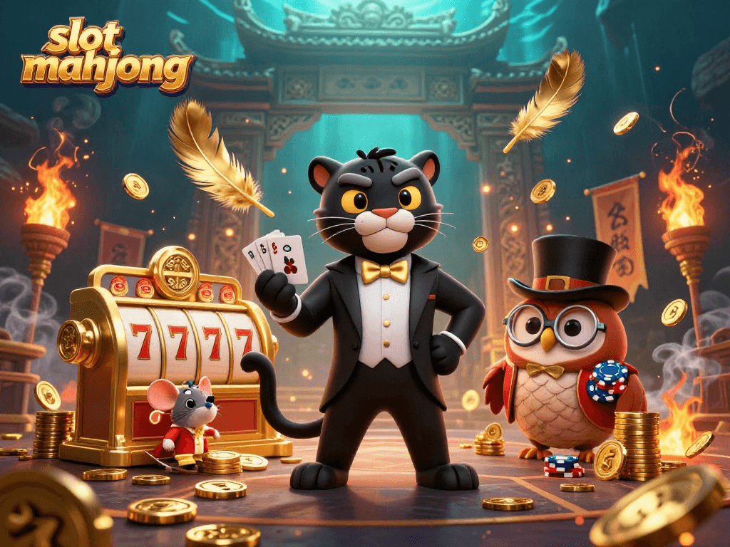 Play exciting slot mahjong with the stylish panther, wise owl, and lucky mouse amidst vibrant casino elements.
